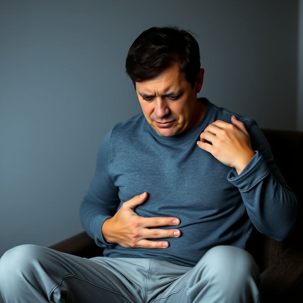 배를 부여잡고 불편해하거나, 어깨를 주무르며 근육통을 호소하는 사람의 모습. 전반적으로 몸이 좋지 않은 느낌을 강조합니다.