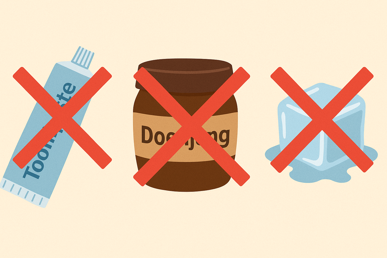 잘못된 화상 응급처치 예시인 치약, 된장, 얼음에 X자 표시가 된 이미지. 사용 금지 표현 강조