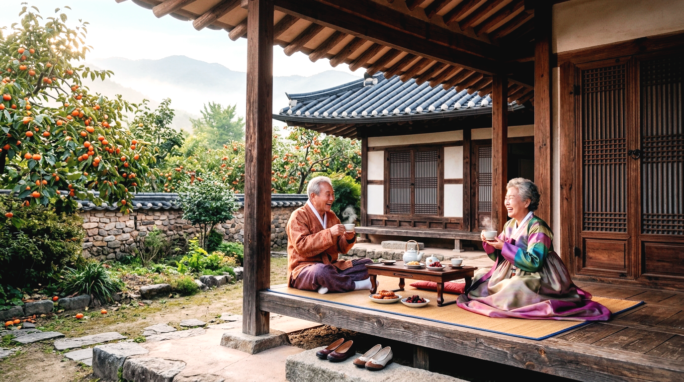 전남 강진 한옥 숙소 대청마루에서 차를 마시며 웃고 있는 한국인 노부부의 모습.