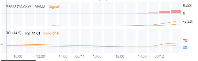 실전 주식 차트 분석을 위한 보조지표 화면으로 RSI 과매수 과매도 기준선(70과 30) 및 현재 수치 44.01 표시 구간과 상단의 MACD 및 시그널선, 히스토그램 흐름을 보여주는 기술적 분석 참고 이미지