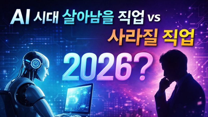 alt="AI 시대 직업 변화를 상징하는 이미지, 로봇과 인간 직장인이 대비되는 모습"