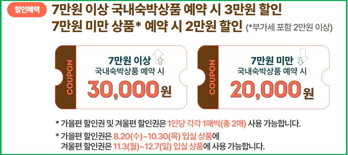 3만원, 2만원 숙박할인 쿠폰