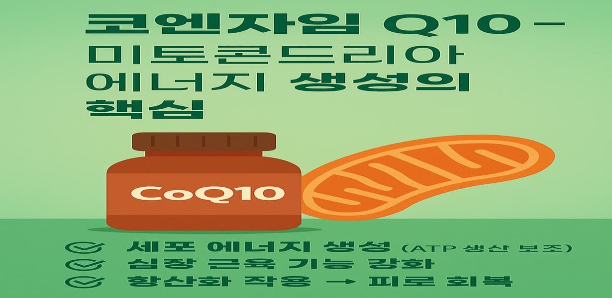 “코엔자임 Q10 보충제와 미토콘드리아 아이콘이 함께 구성된 에너지 생성 기능 중심의 인포그래픽”