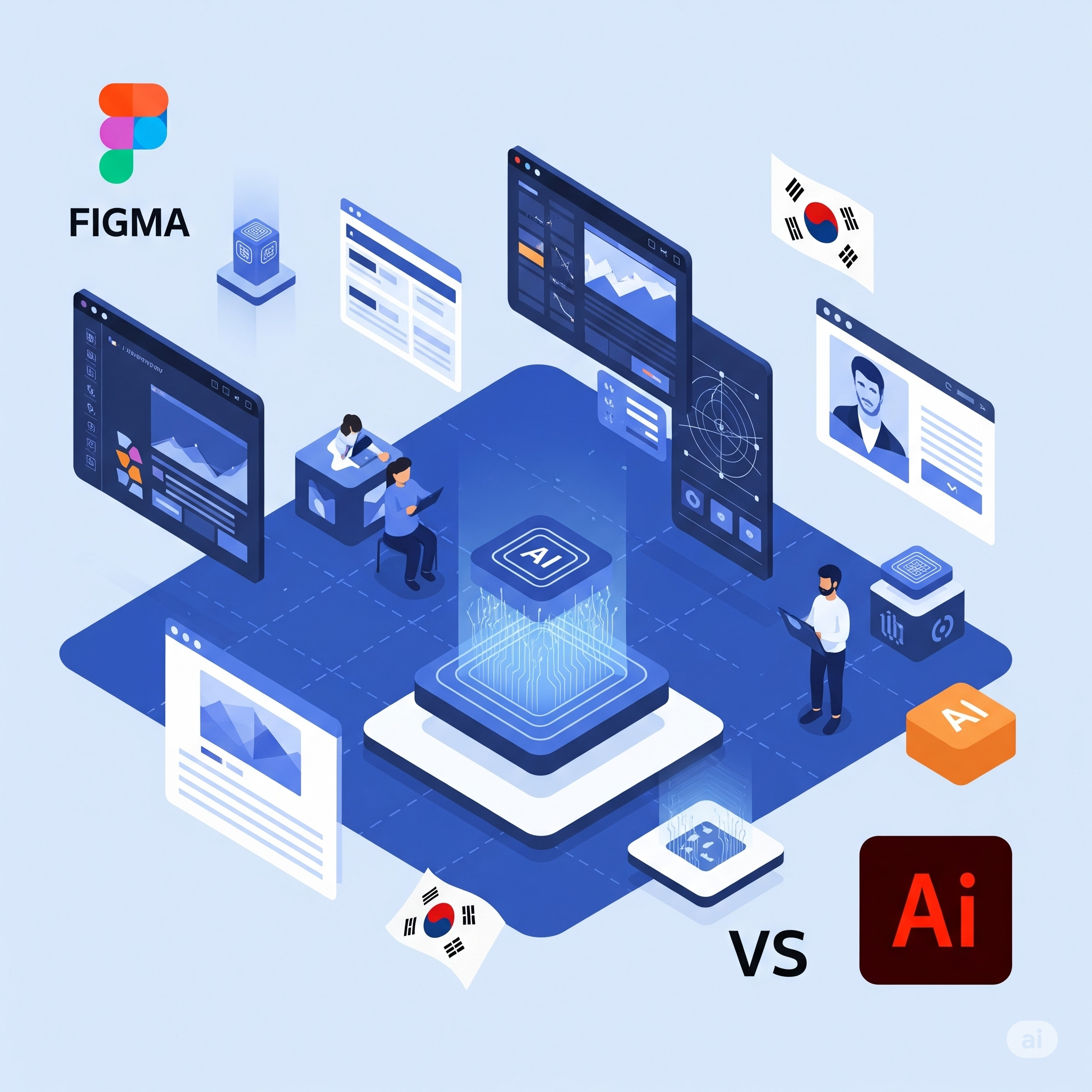 피그마와 어도비의 디자인 도구 경쟁을 나타내는 현대적인 기술 비주얼, AI 시대 디자인 협업 플랫폼 대결 이미지
