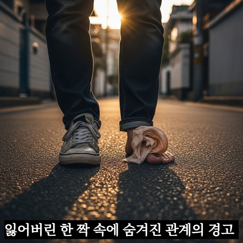 해 질 녘 한국의 낡은 골목길에서 한쪽은 운동화를 신고 다른 쪽은 맨발인 채 서 있는 사람의 발을 클로즈업한 감성적인 일러스트