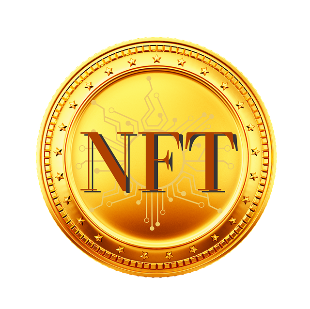 중앙에 'NFT' 문구가 새겨진 화려한 황금 코인 일러스트. 야구 카드 수집 문화가 디지털 자산인 NFT로 진화하며 형성된 새로운 팬덤 경제 시스템을 상징함.