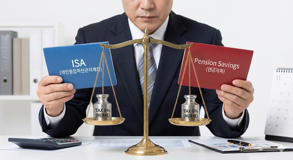 좌측엔 ISA 통장, 우측엔 연금저축 통장이 있고, 가운데서 '세금 0원' 혜택을 저울질하며 고민하는 투자자의 모습