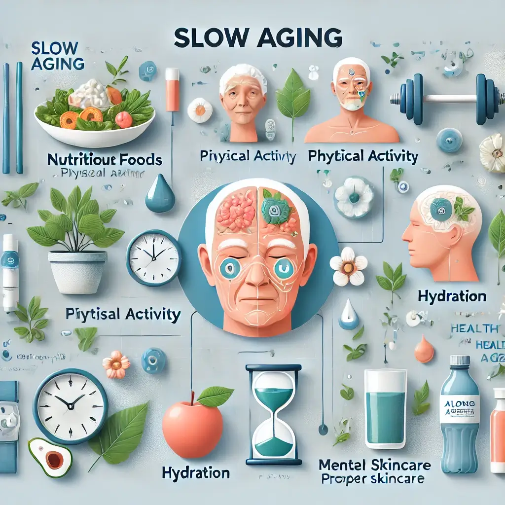 저속 노화를 위한 영양식, 운동, 정신 건강, 수분 섭취, 피부 관리 등 핵심 요소를 포함하여 저속 노화를 설명한 이미지