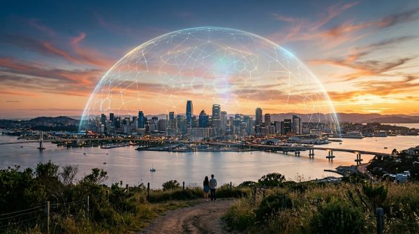 미사일 방어망이 도시 전체를 안전하게 방어하는 모습의 개념도