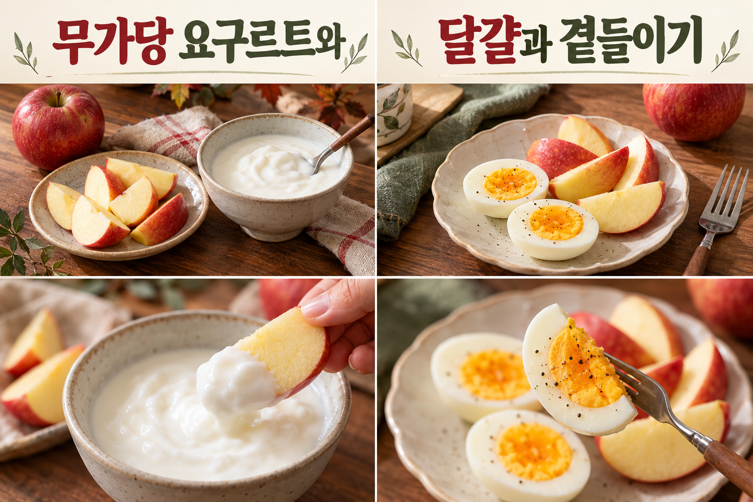 사과에 무가당 요구르트 또는 달걀을 곁들이는 두 가지 대안.