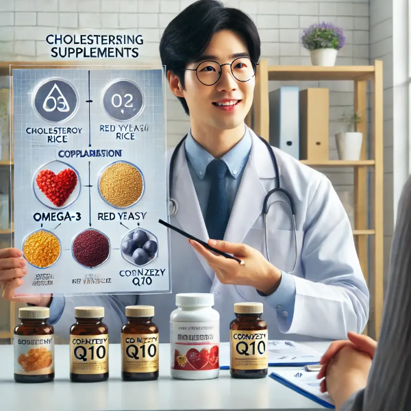 영양사와 환자가 오메가3, 홍국, 코엔자임Q10 영양제 효과와 차이점을 상담하는 장면