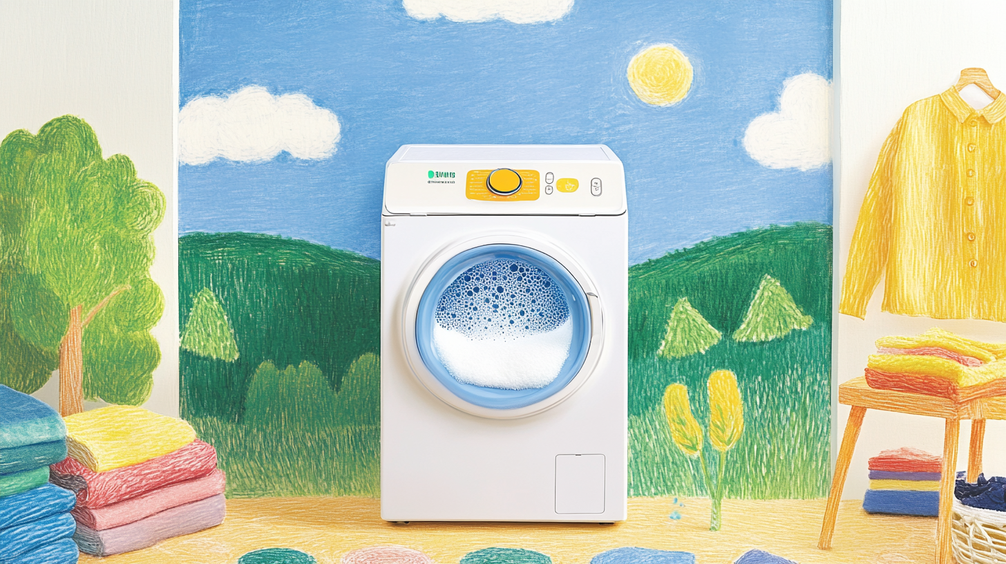 에코버블 기술이 적용된 삼성 세탁기에서 미세한 세제 거품이 생성되는 모습을 묘사한 이미지로, 생동감 넘치는 다채로운 색상의 옷들이 주변에 펼쳐짐