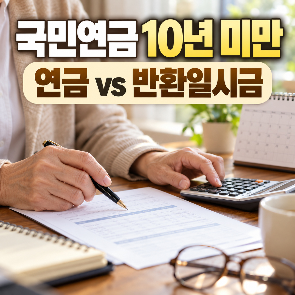 국민연금 납부 기간이 10년 미만일 때 연금과 반환일시금을 비교하는 문구 아래 계산기와 연금 서류를 살펴보는 손