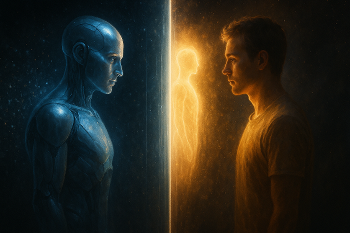 인간과 AI가 서로를 비추는 인식과 사유의 종착점을 표현한 이미지