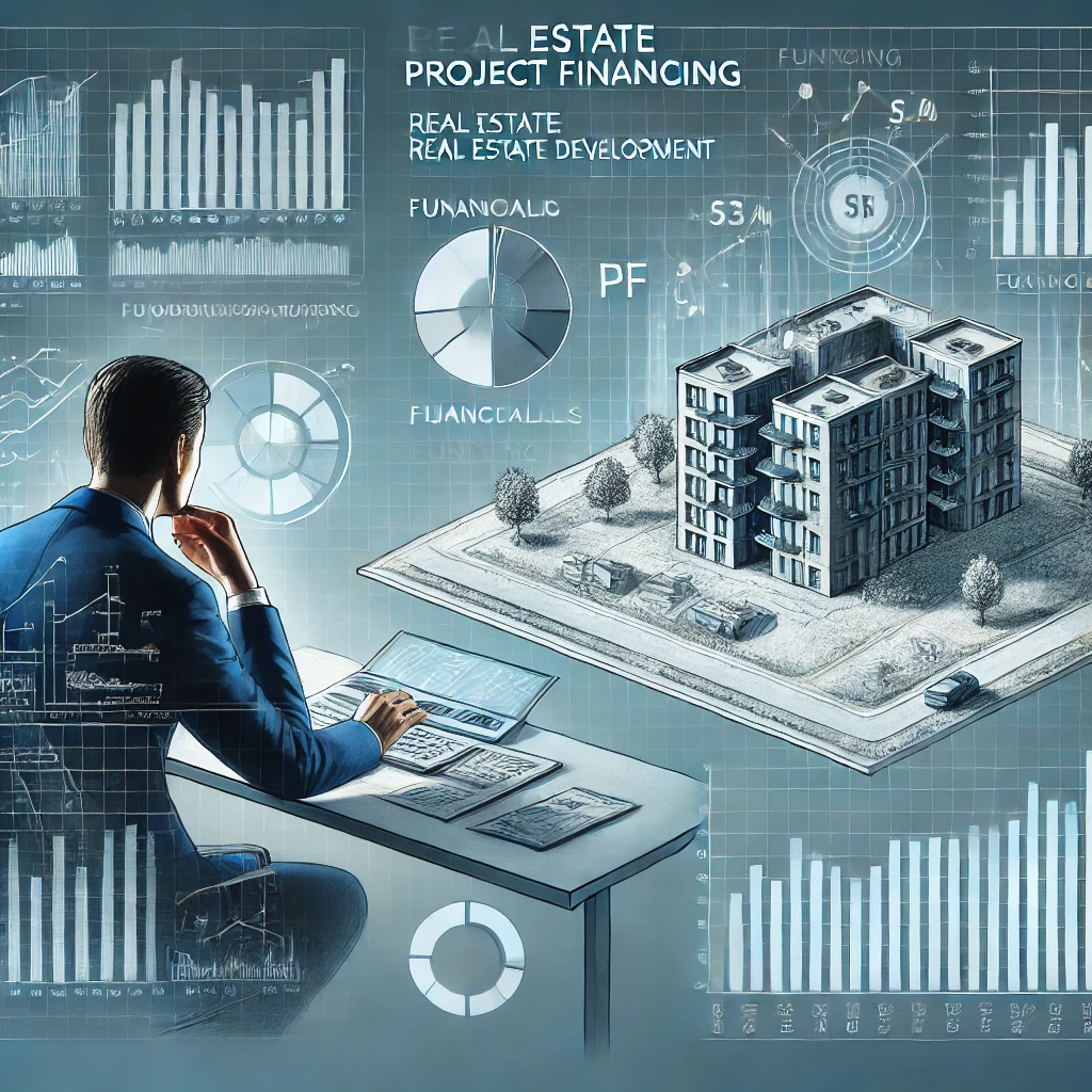 부동산 PF 개요: 대형 부동산 개발 계획과 금융 차트를 분석하는 투자자.