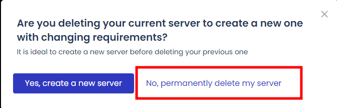 서버삭제 전에 새로운 서버를 만들라고 권유하는 메세지
