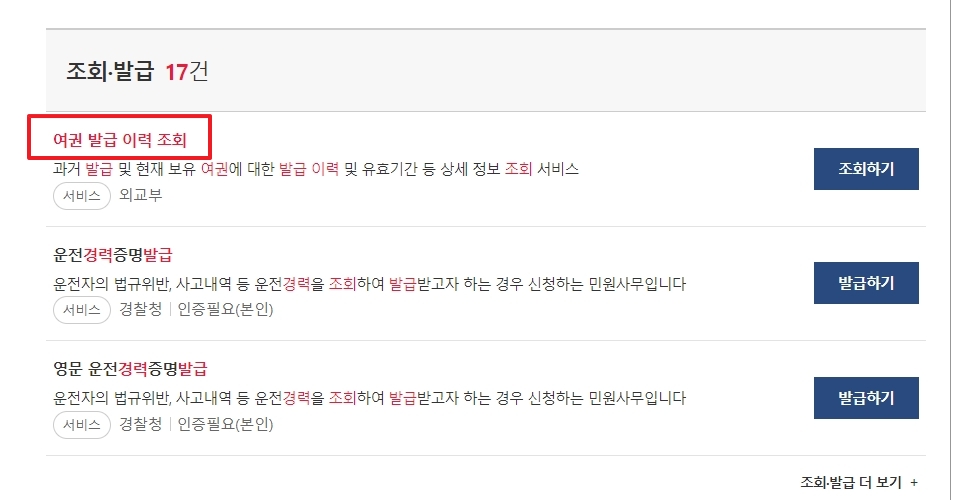 검색 결과에서 '여권발급이력조회' 서비스를 선택하는 모습