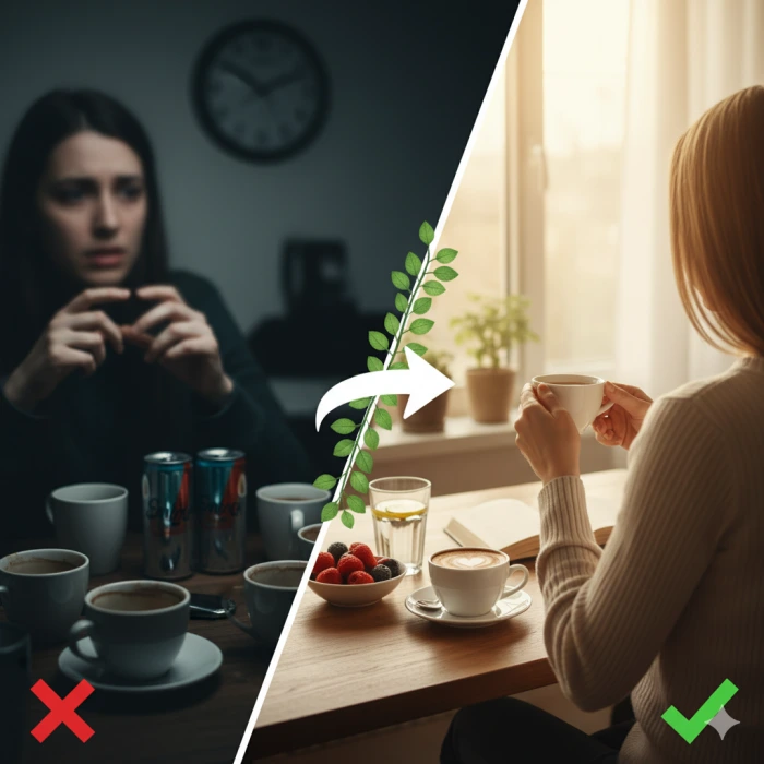 불안한 표정, 불면증을 암시하는 어두운 눈 밑, 많은 커피잔 등 카페인 과다 섭취 부작용 이미지가 한쪽에, 소량의 커피, 허브티, 평화로운 휴식 등 건강한 카페인 섭취를 담은 이미지가 다른 한쪽에 대비되어 있다.