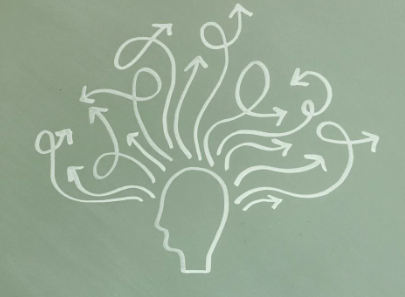 잡한 생각이 머릿속에서 여러 방향으로 퍼지는 상태를 묘사한 이미지