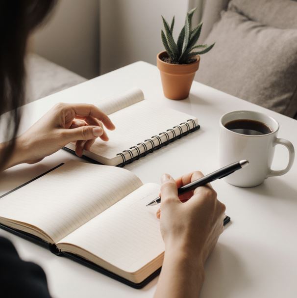 침실에서 일기를 쓰고 있는 사람의 손과 노트가 있는 책상.
펜과 일기장, 작은 화분, 커피잔이 함께 놓여 있다.
