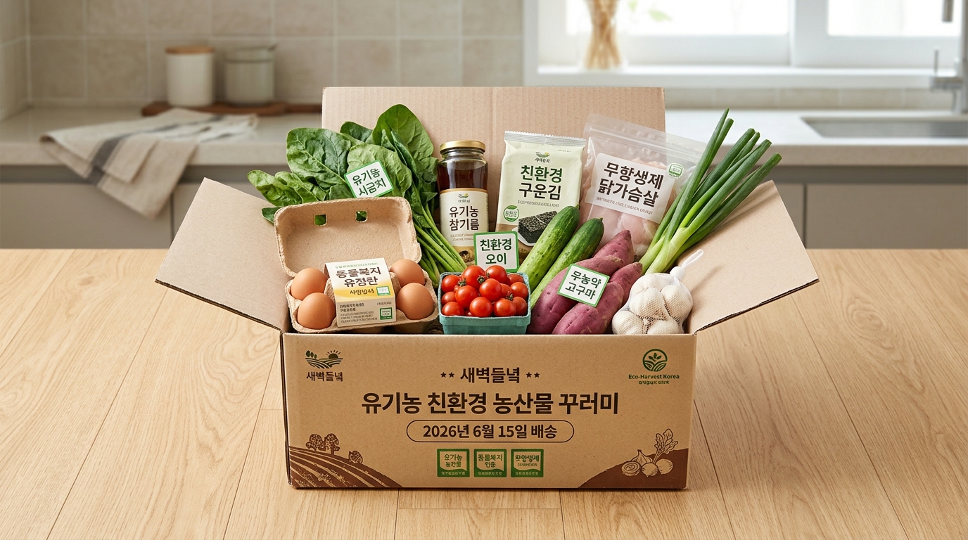 연간 지원금으로 배송되는 유기농산물과 동물복지 인증 품목이 포함된 친환경 농산물 꾸러미 상자.