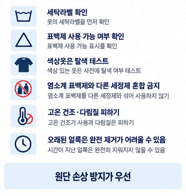 흰옷과 색상옷을 구분해 세탁라벨 확인 안쪽 테스트 열 건조 피하기 민감한 원단은 세탁소 이용을 정리한 이미지