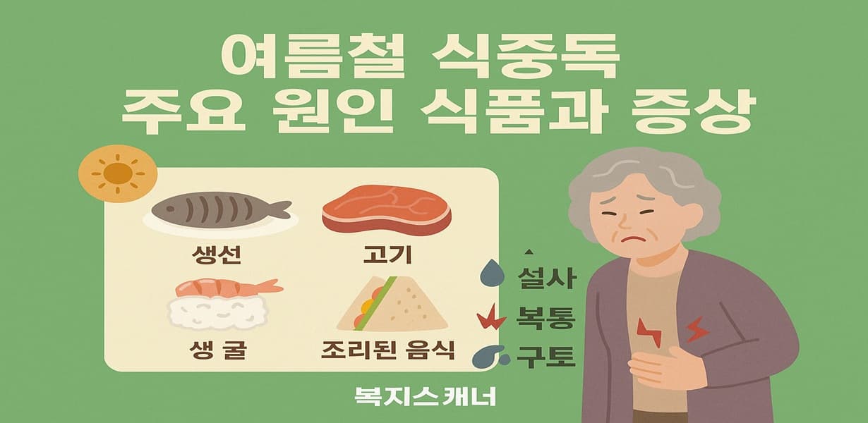 “여름철 식중독 주요 원인 식품과 증상을 안내하는 인포그래픽 이미지”