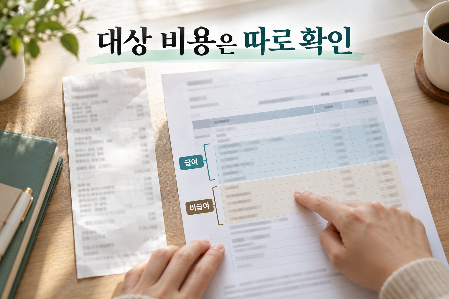 영수증과 세부내역을 나란히 두고 비용 항목을 짚는 손
