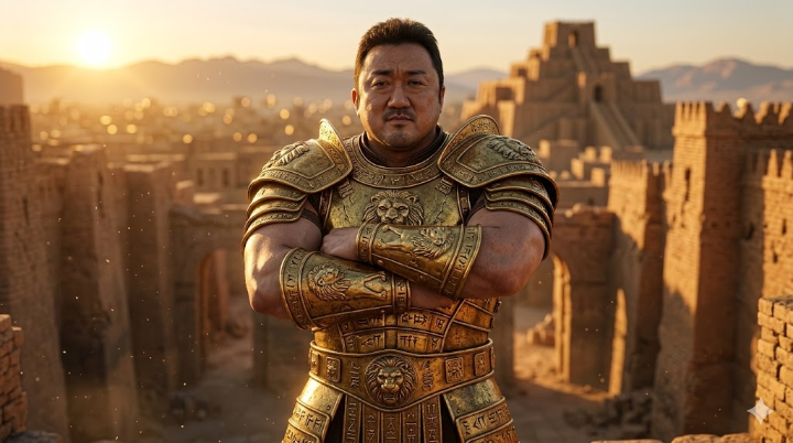 이터널스 길가메시의 황금빛 수트를 입고 묵직한 존재감을 뽐내며 정면을 응시하는 마동석