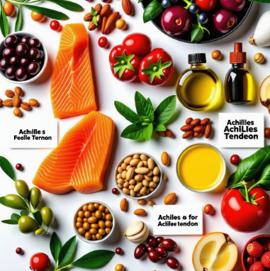 다양한 건강식품이 담긴 그릇들이 테이블 위에 놓여있다. 연어 스테이크, 신선한 과일과 채소, 견과류, 올리브 오일 등이 보인다. 밝고 선명한 색감으로 식욕을 돋우는 구성이며, 각 음식에 아킬레스건염에 좋은 영양소 설명이 작은 태그로 표시되어 있다.