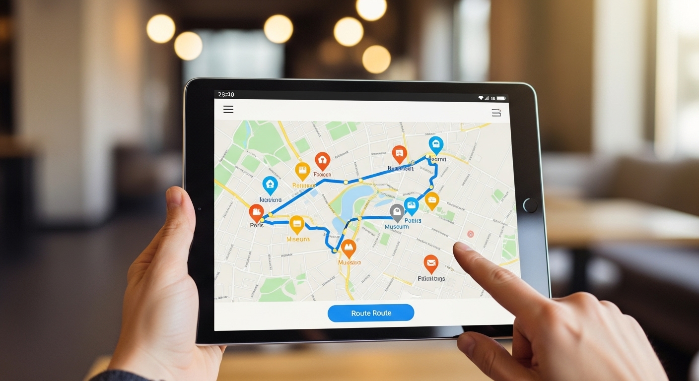 태블릿 PC를 활용해 방문할 명소들의 위치를 확인하며 최적의 이동 동선을 짜는 모습
