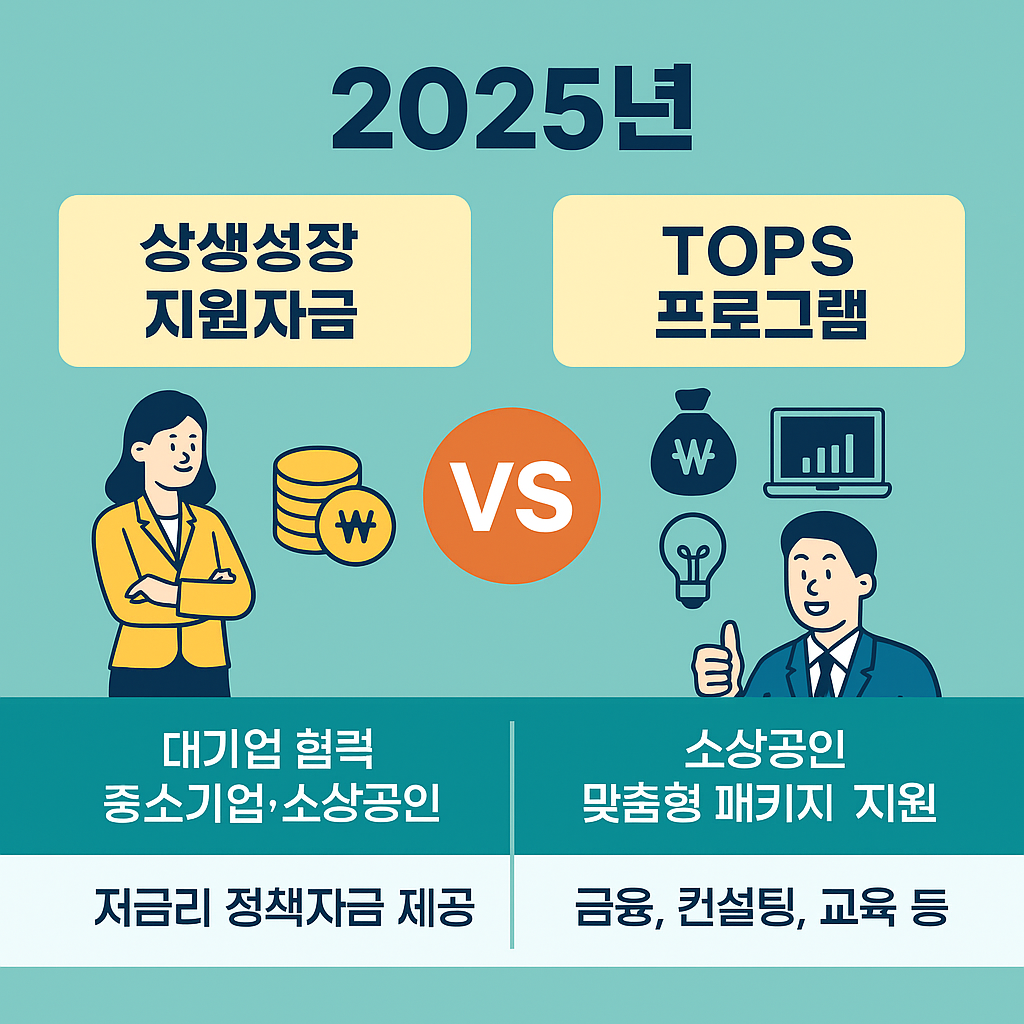2025년 상생성장지원자금과 TOPS 프로그램 인포그래픽 – 대기업 협력 기반 금융 지원과 소상공인 맞춤형 패키지 지원 안내