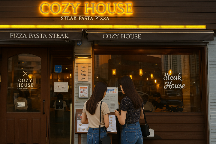 부산 해리단길에 위치한 '코지하우스' 레스토랑 외관. 갈색 나무 문과 간판, 메뉴판이 보이며 따뜻한 조명이 켜져 있다.