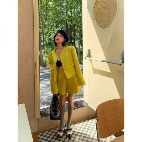 옐로우 트위드 노카라 자켓 반바지 셋업 가을 투피스 정장