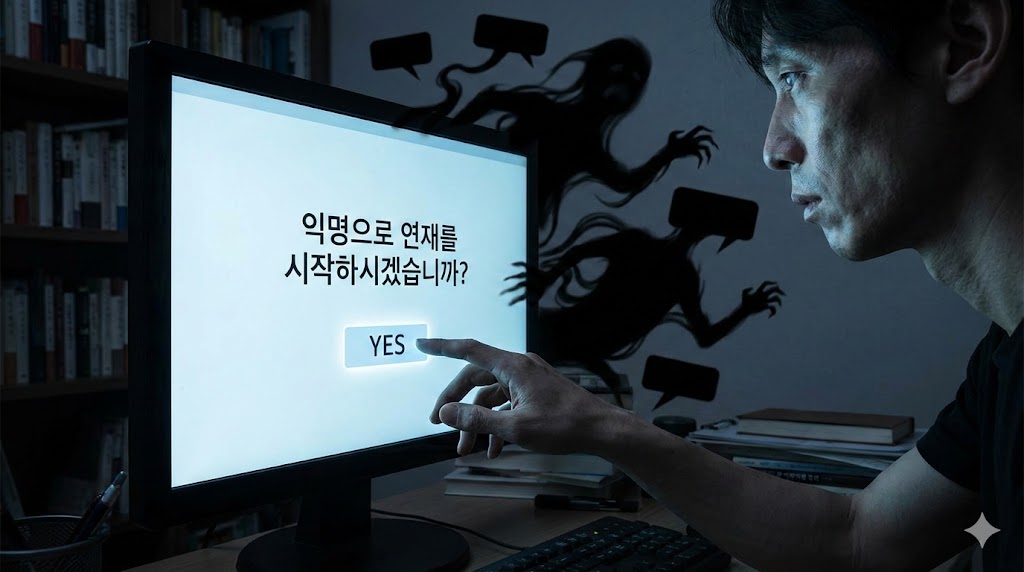 모니터 속 '익명 연재 시작' 버튼을 누르려는 순간, 뒤에서 나타난 검은 그림자들의 압박을 표현한 이미지입니다.