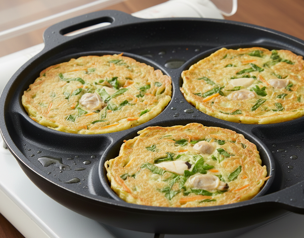 프라이팬 위에서 노릇노릇하고 바삭하게 구워지고 있는 향긋한 제철 냉이바지락전의 모습.