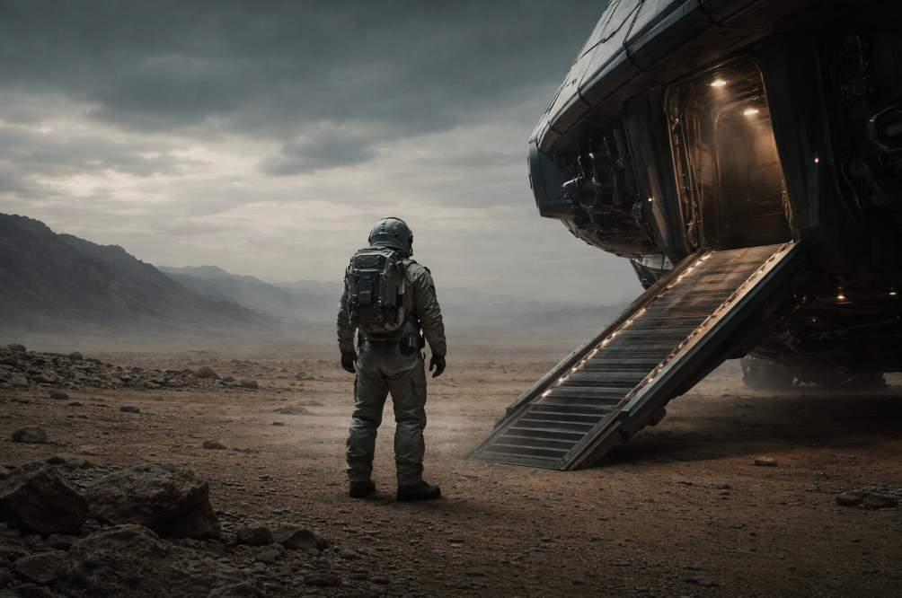 황량한 행성 위 우주선 앞에 한 우주인이 홀로 서 있는 장면