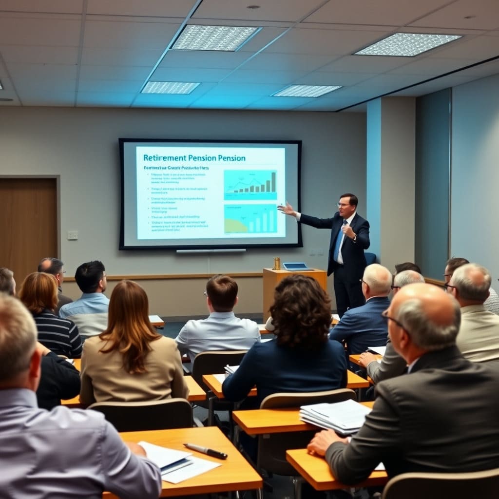 강의실에서 전문가가 퇴직연금에 대해 설명하고, 다양한 연령대의 사람들이 집중해서 듣는 모습입니다. 이는 퇴직연금 제도를 올바르게 이해하고 현명하게 운용하기 위한 금융 교육의 중요성을 부각합니다.