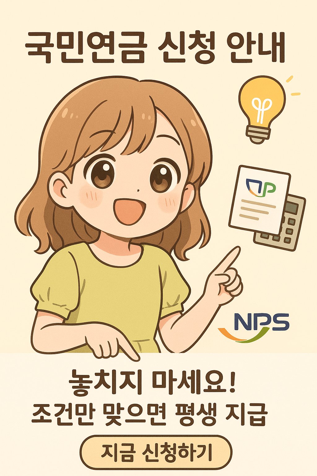 국민연금 신청 안내, 조건만 맞으면 평생 지급, 지금 신청하기 안내 포스터