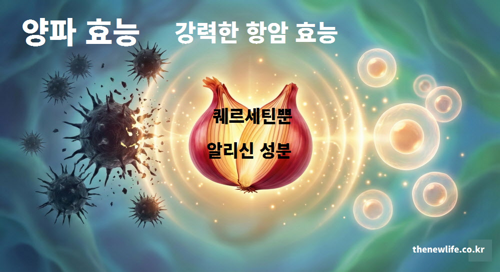 퀘르세틴과 알리신 성분이 암세포와 활성산소를 차단하는 방어막 역할을 보여주는 항암 효과 관련 양파 효능 일러스트