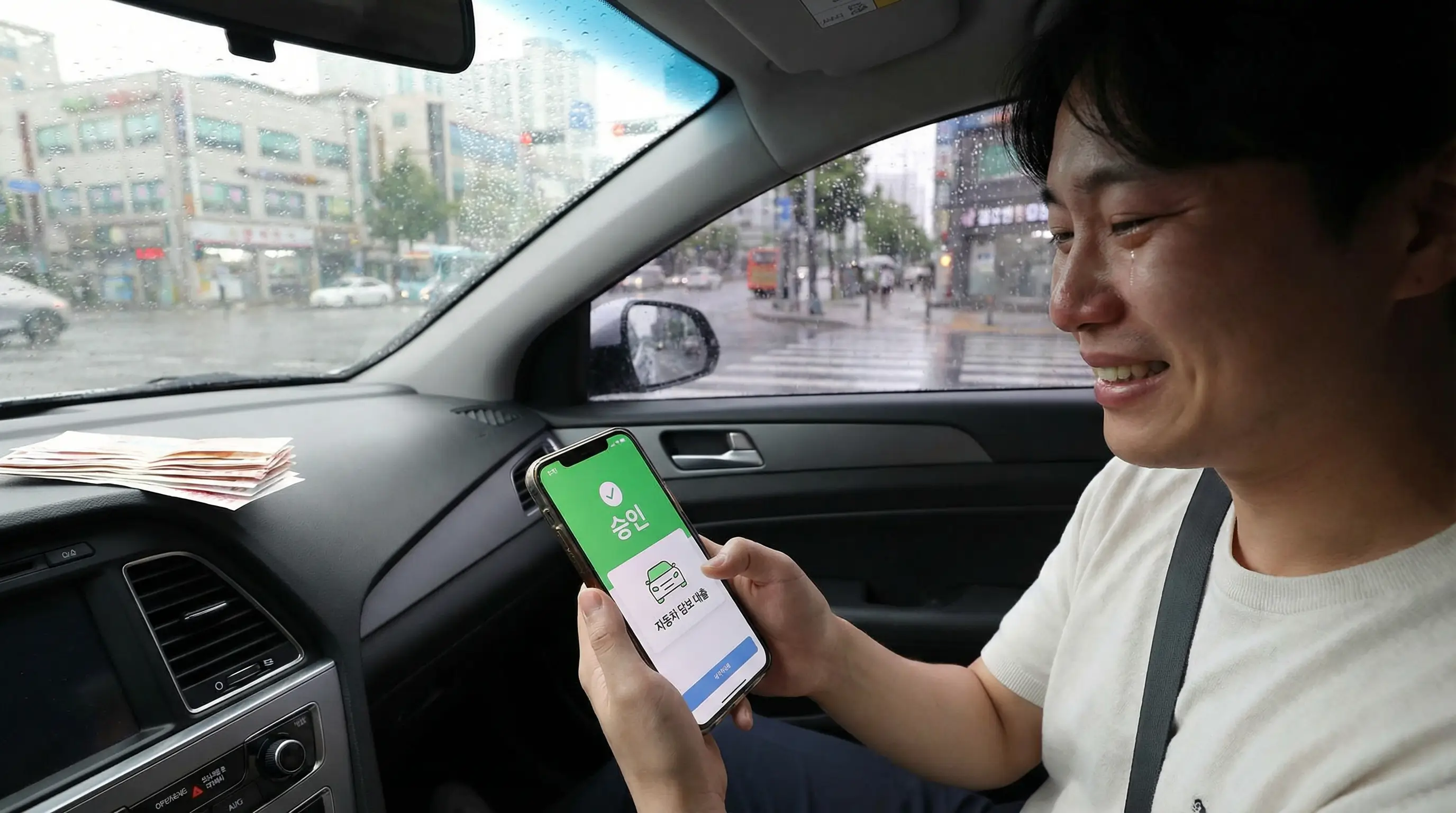 독촉 전화에 괴로워하던 사람이 자동차와 스마트폰을 보며 새로운 자금 해결책을 찾고 안도하는 모습