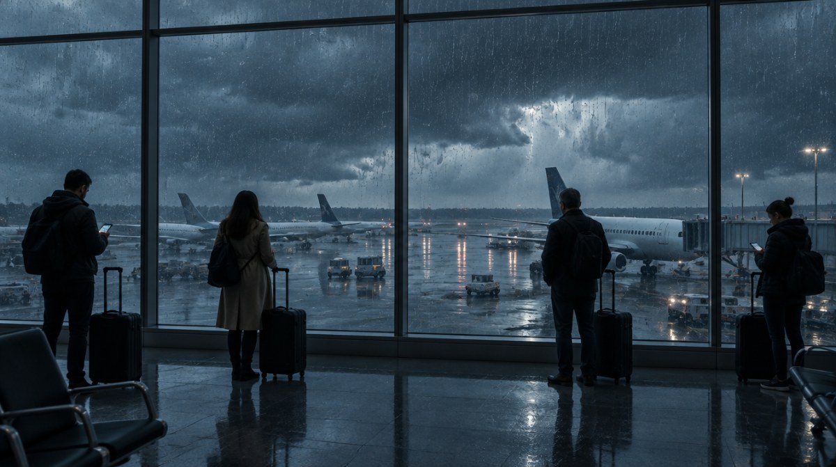 태풍으로 항공편 운항을 확인하는 공항 여행객을 표현한 AI 생성 이미지