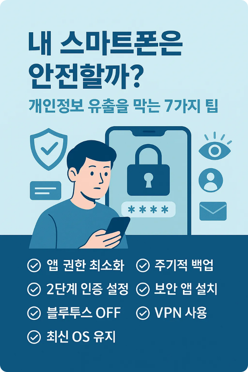 스마트폰 개인정보 유출을 막는 7가지 보안 팁 인포그래픽. 잠금화면 설정, 앱 권한 최소화, 2단계 인증, VPN 사용 등 보안 실천 항목이 아이콘과 함께 정리됨