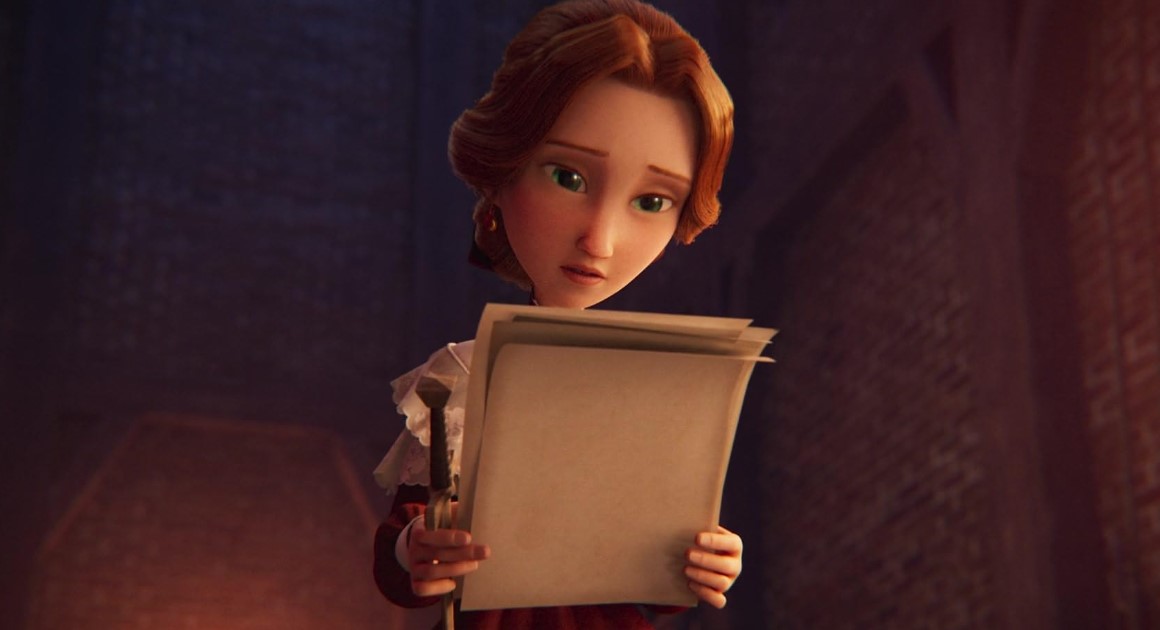 킹 오브 킹스 애니메이션 속 캐서린이 디킨스의 원고를 바라보는 장면