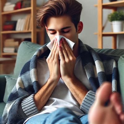 젊은 남성이 화농성 비염으로 기운없이 소파에 기대어 앉아 코를 풀고 있다.