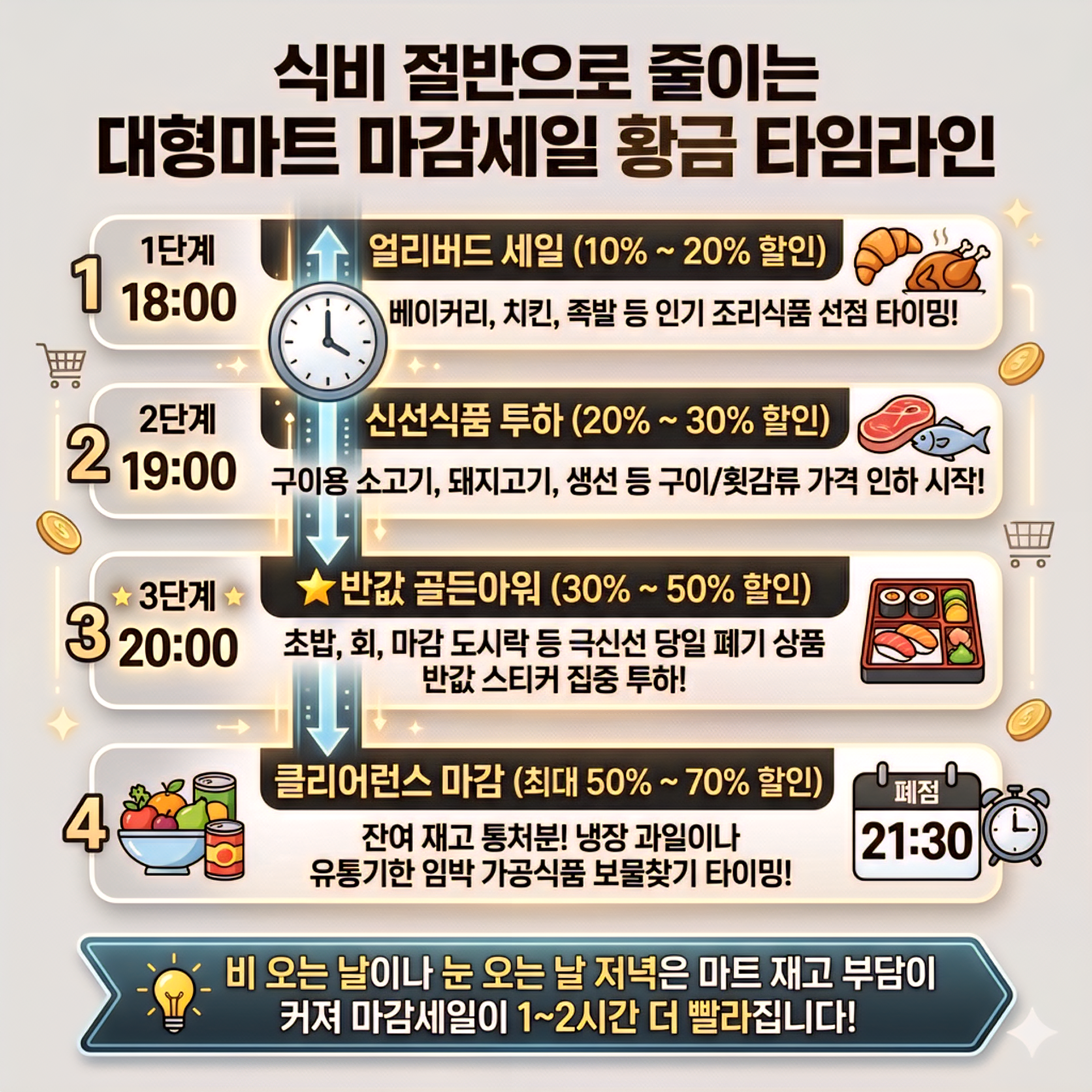 대형마트 마감세일 시간대별 할인율 비교 이마트 롯데마트 홈플러스 푸드코너 득템 가이드 이미지