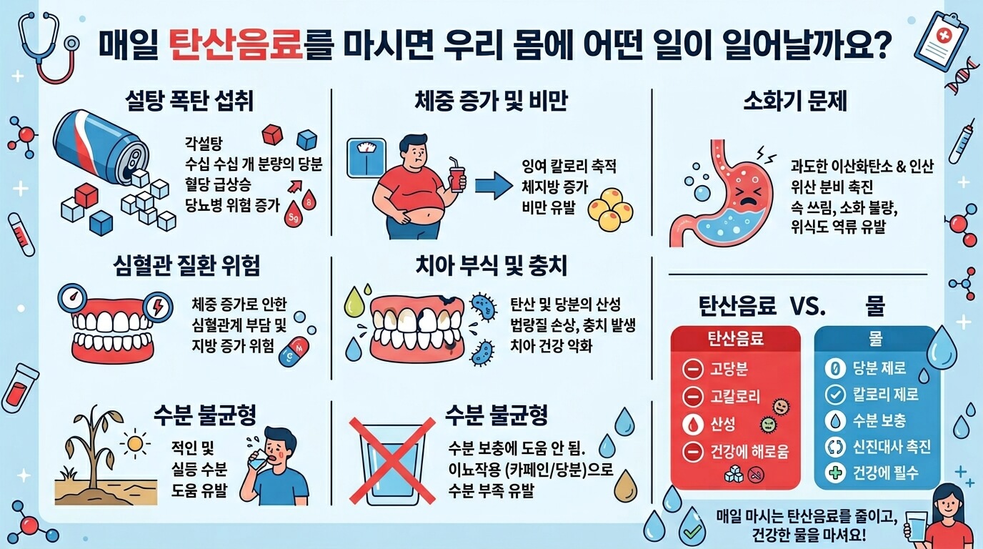 탄산음료를 자주 마실 때 몸에서 나타날 수 있는 변화를 설명하는 건강 인포그래픽