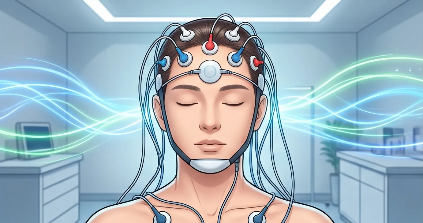 머리와 얼굴에 정밀한 뇌파 및 호흡 측정 센서를 부착하고 편안하게 눈을 감고 있는 사람의 클로즈업 일러스트