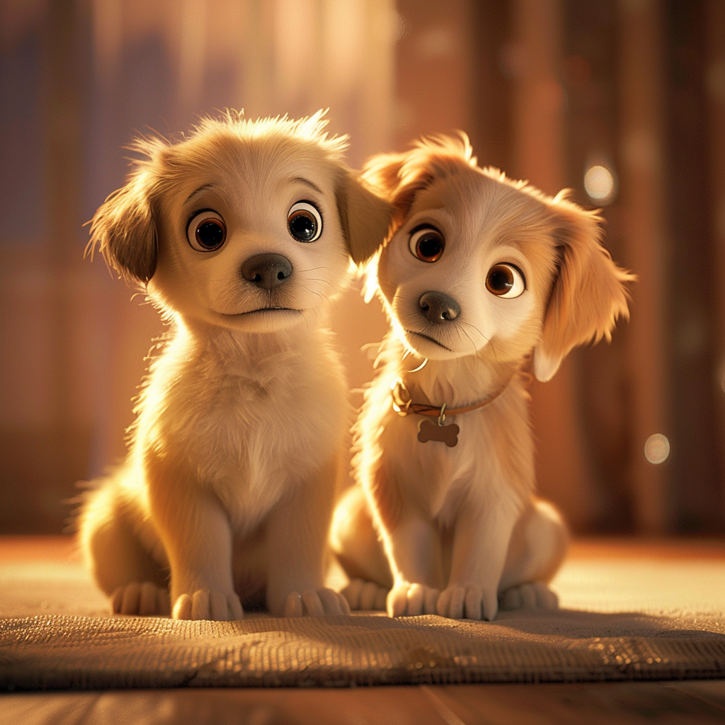 정면을 바라고 있는 귀여운 강아지 2마리, 실사형 이미지