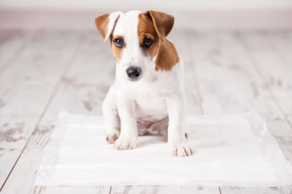 배변패드 위의 강아지